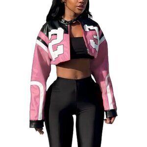 Womens Pink VOIKERDR Faux Leather Cropped Motorcycle Bomber Y2K Street Jacket